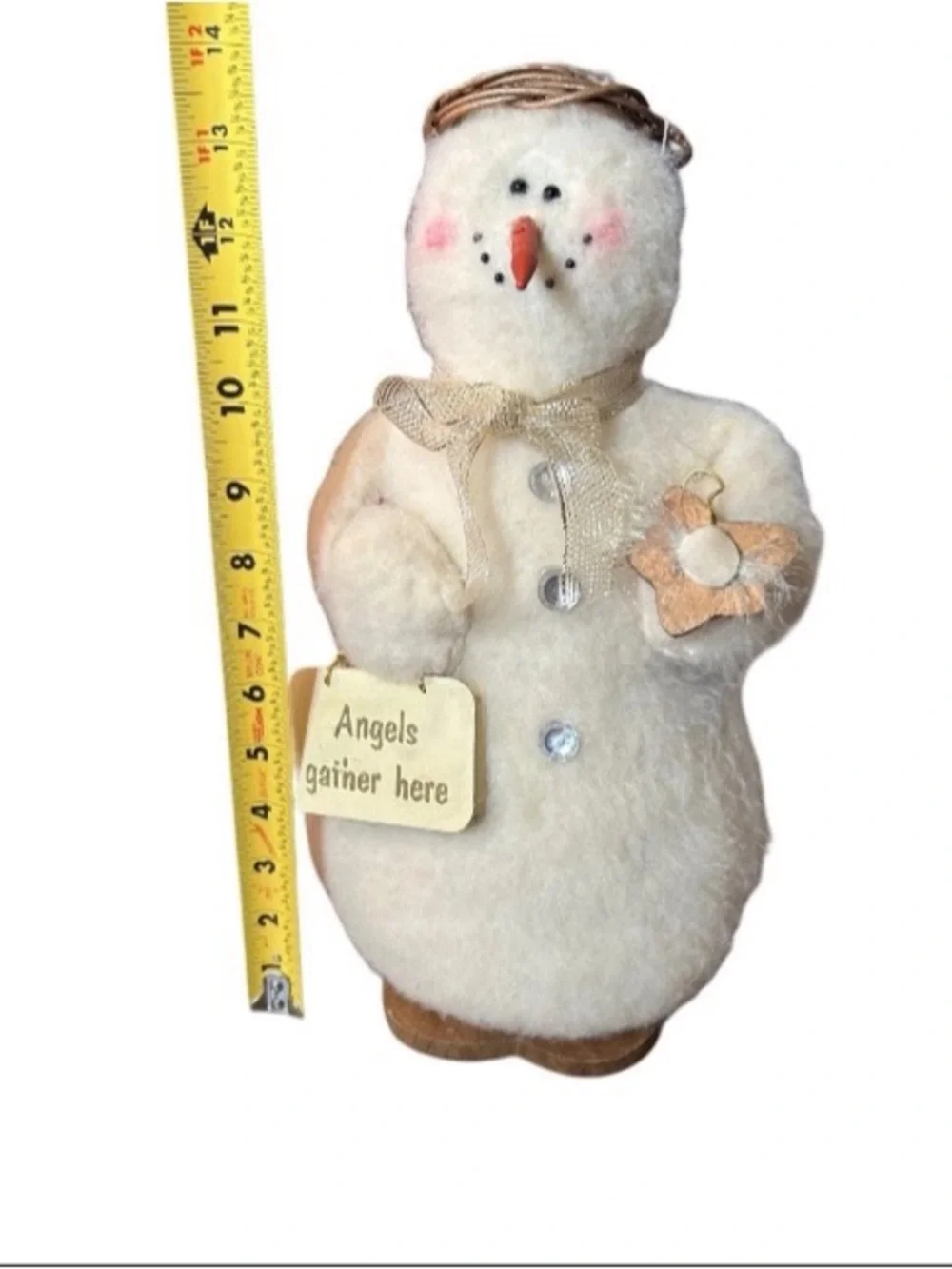 Standing Plush Snowman 13” Wood Base “Angels Gather Here” Vintage Home Decor